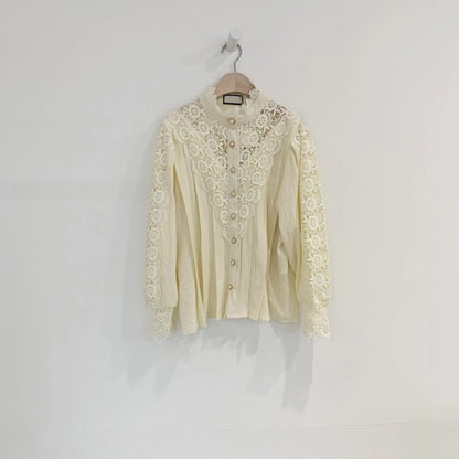 Sweet Stand Collar Long Lace Panel Long Sleeve Shirt Top