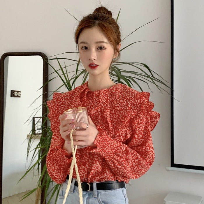 Double-collar casual floral top shirt