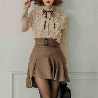 Women's Two Piece Stand Collar Lace Shirt Top Ruffle Skirt Suit