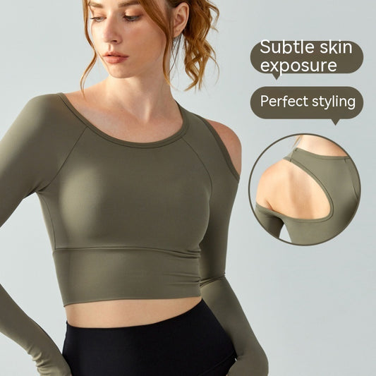 Ropa de yoga con cuello redondo, top ajustado con copa semifija de manga larga para mujer