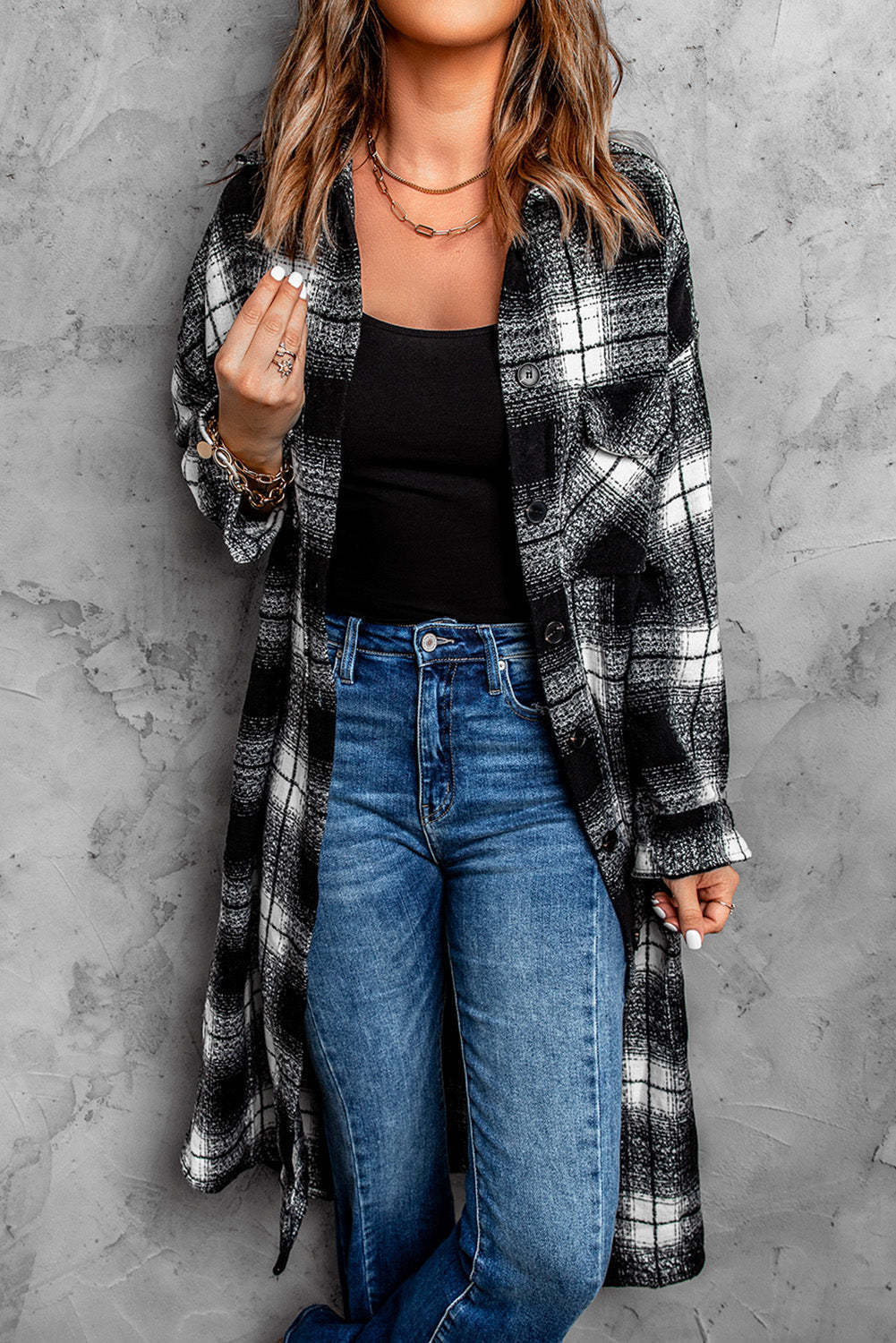 New Women's Mid-length Loose Lapel Cardigan Plaid Shirt