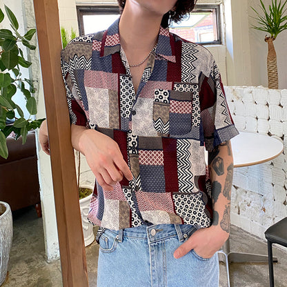 Flower Shirt Men's Short-sleeved Summer Plaid Five-point Sleeve Shirt