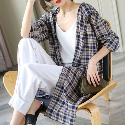 Mid-length Cotton Cardigan Fashion Plaid Loose Sunscreen Shirt