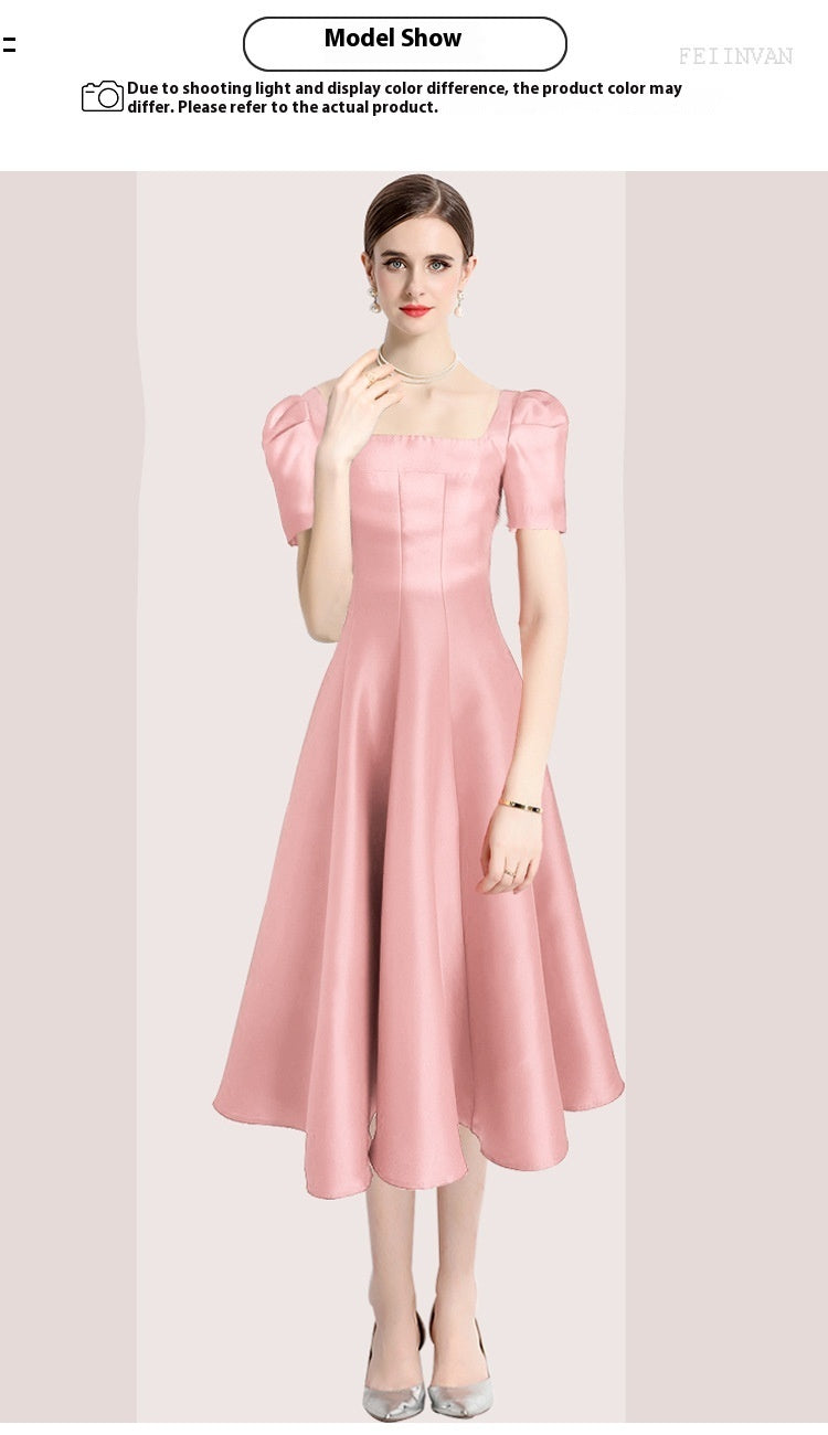 Temperament Pure Color Tight Waist Slim Large Hem Square Collar Dress Dress