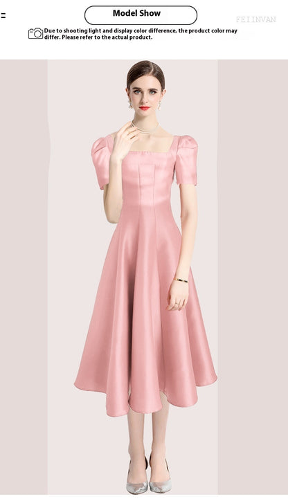 Temperament Pure Color Tight Waist Slim Large Hem Square Collar Dress Dress