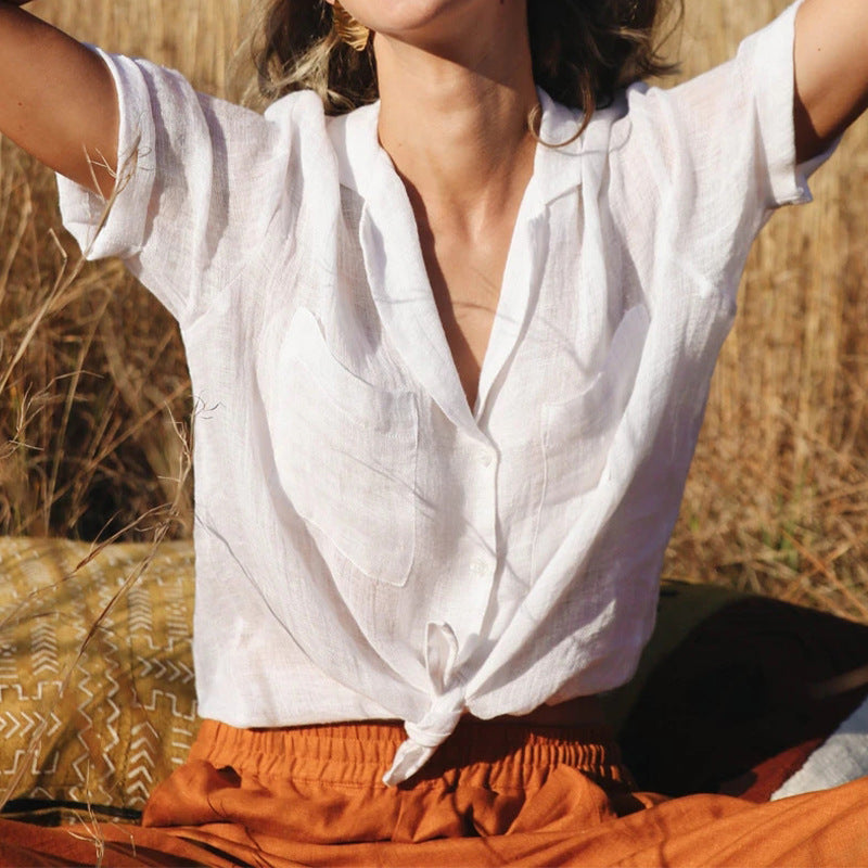 Chemise française à manches courtes en lin et coton pour femmes