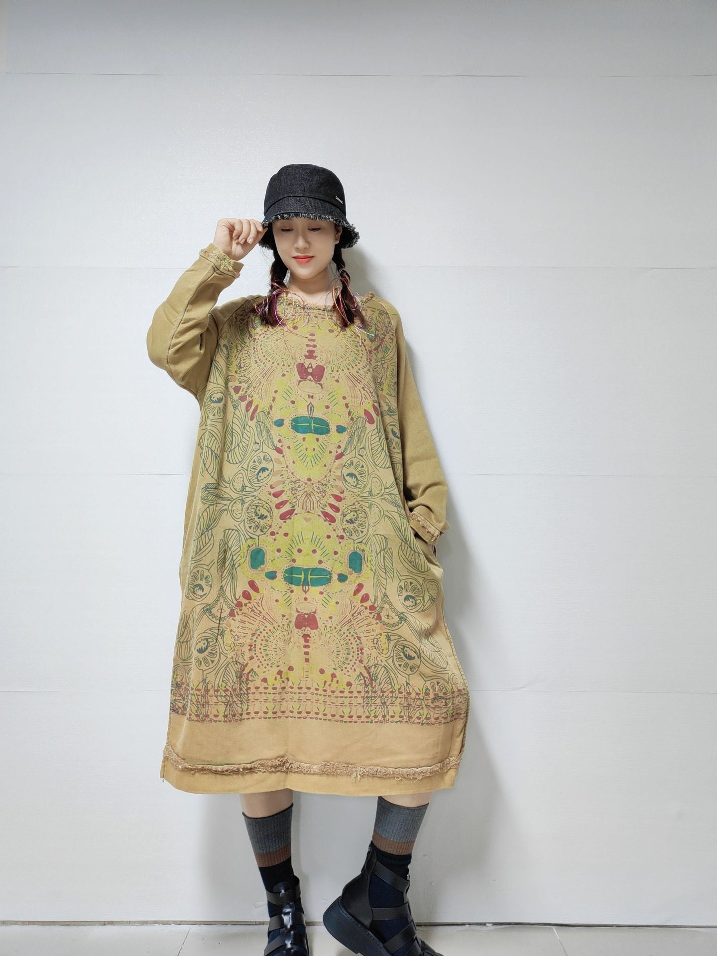 Retro Distressed Long Sleeve Dress Loose Plus Size Long Ethnic Style