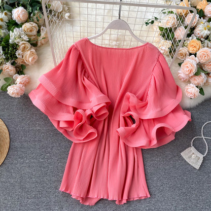 Women's Loose Western Style Pleated Chiffon Shirt