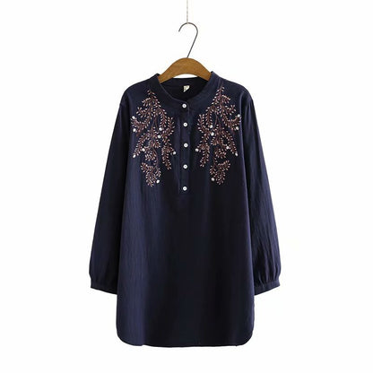 Loose Long-sleeved Stand-collar Ethnic Embroidery Shirt Women's Clothing