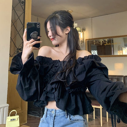 One-shoulder Shirt Women's New Ruffled Cropped Top