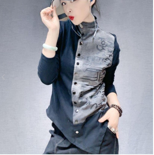 Printing Stand-up Collar Long-sleeved Korean Style All-match Blouse