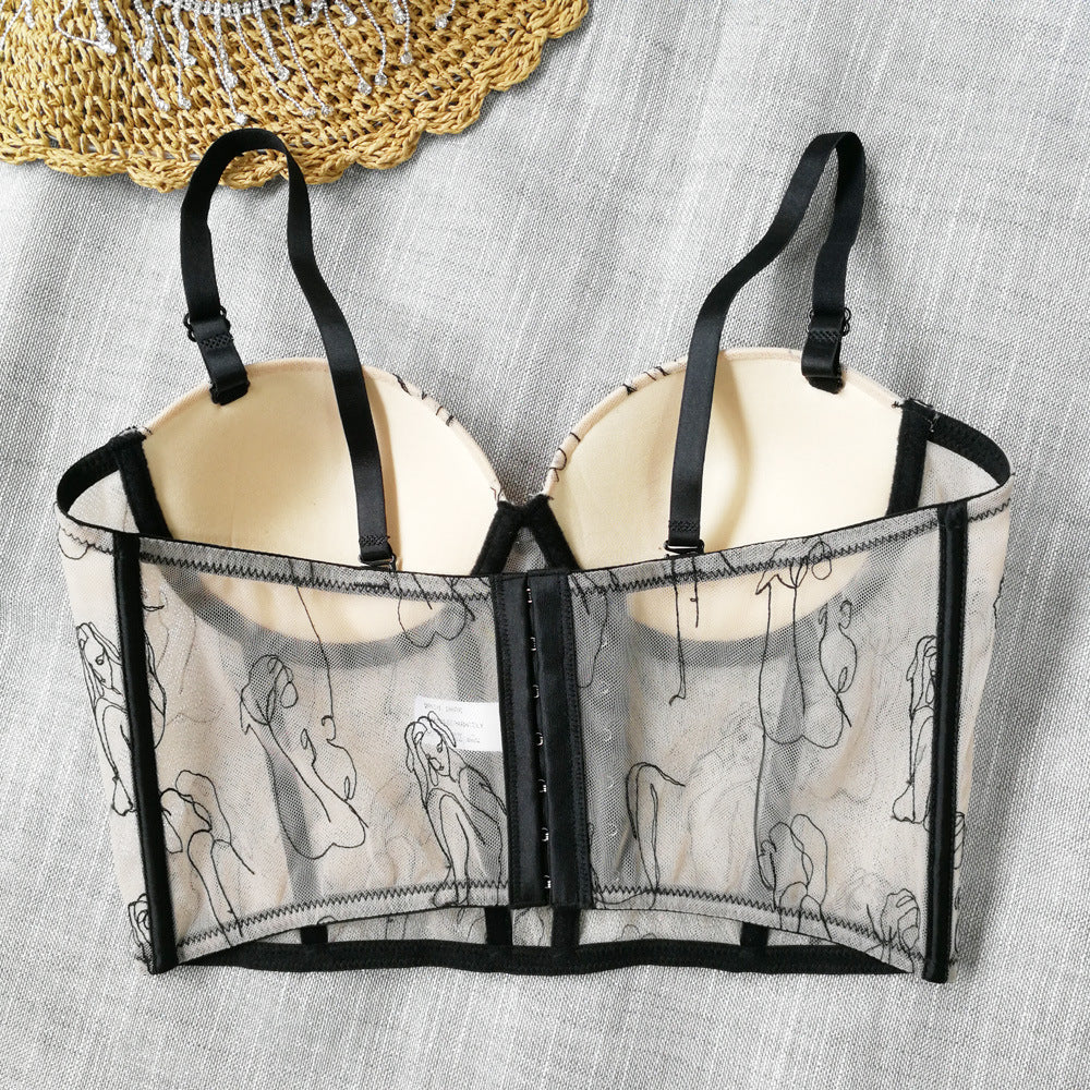 French Portrait Embroidered Mesh Bra Camisole