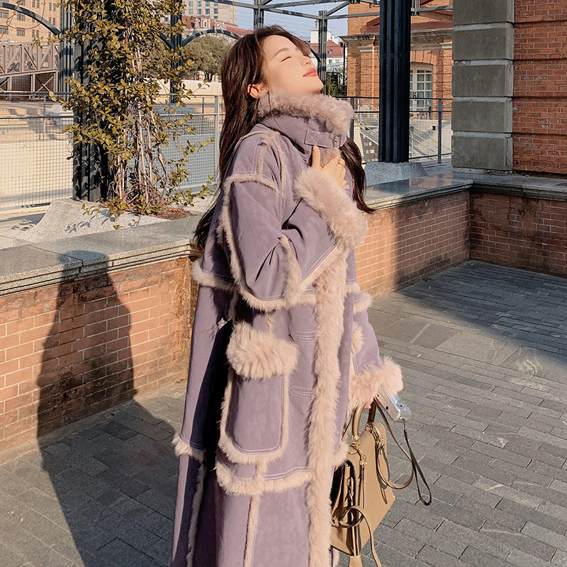 Women's, Purple Fur Fur Integrated Lamb Wool Coat