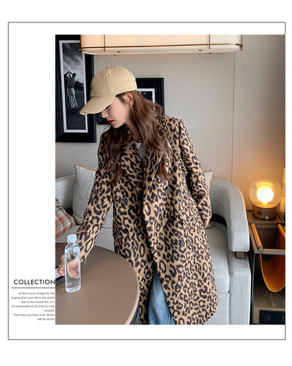 Women's Long Winter Leopard Print Woolen Coat