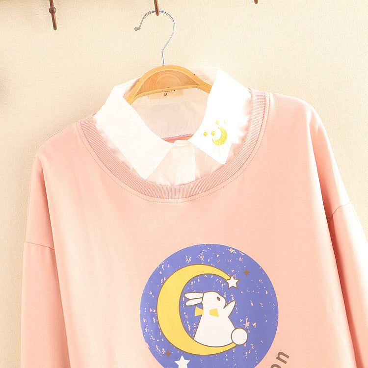 Japanese style lapel print moon rabbit long sleeves