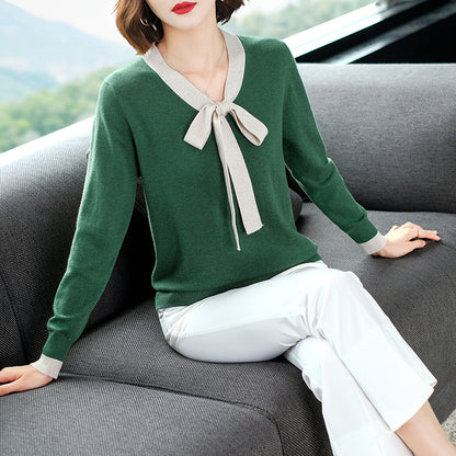 Bow tie round neck long sleeve knit top