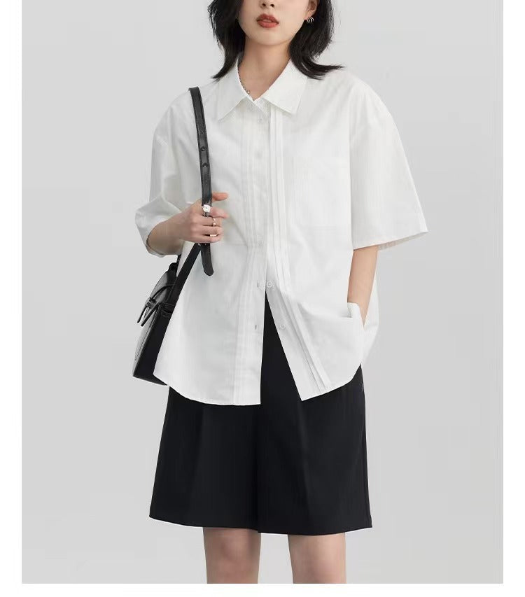 Neutral Casual Loose Double-row Stacked Placket Short Sleeve Shirt