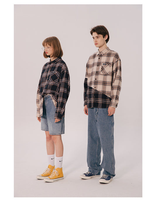 Plaid stitching loose couple long sleeves