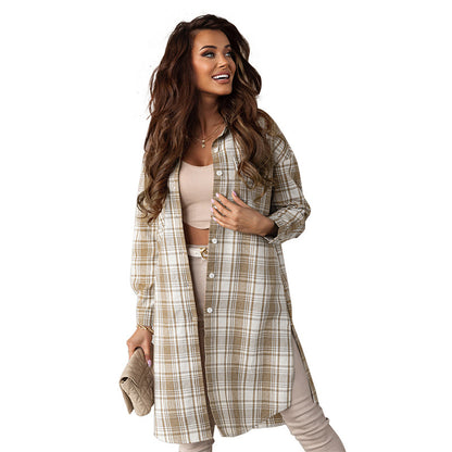 Women's Printed Checks Mid-length Shirt Coat