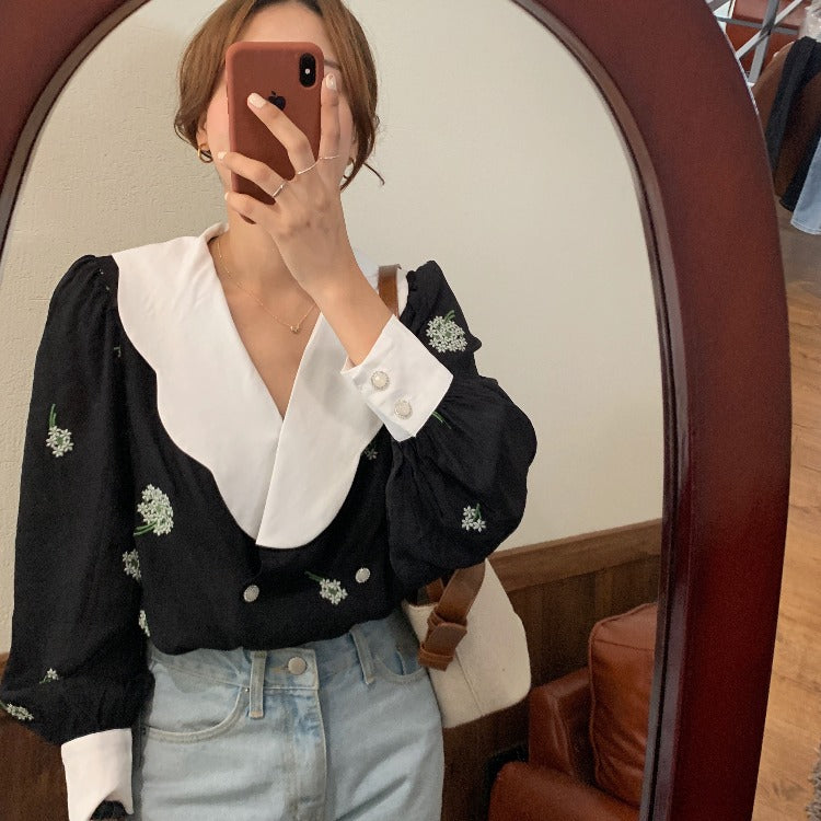 Lapel black embroidered shirt women