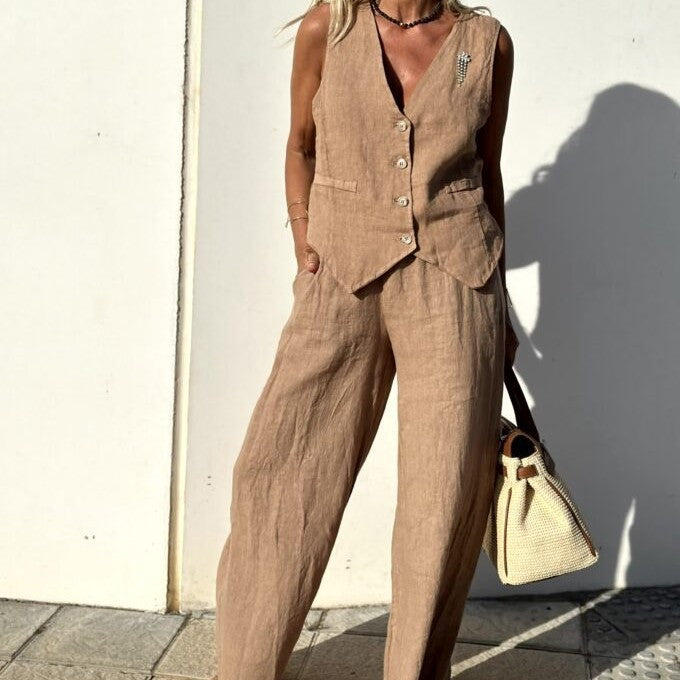 Traje sin mangas con cuello en V elegante de moda