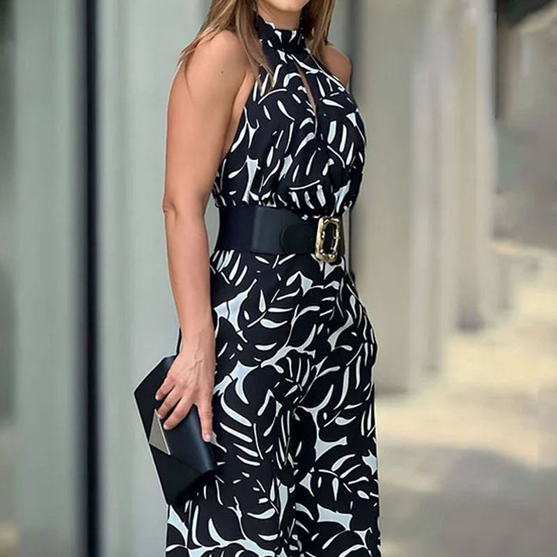 Summer Graceful And Fashionable Half Turtleneck Sleeveless Printed Hollow-out Cinched Wide Leg Jumpsuit