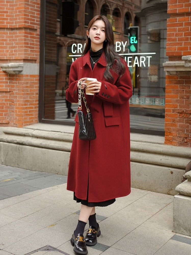 Abrigo de lana con lazo rojo para mujer, abrigo nuevo de otoño e invierno