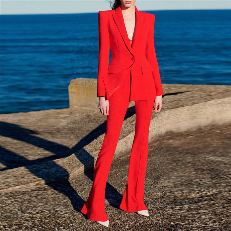 Women's Fashion One Button Cloth Cover Mid-length Suit Bell-bottom Pants Suit