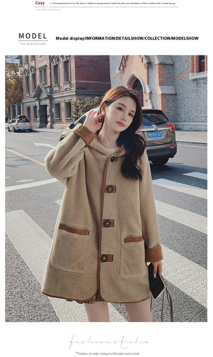 Women's Casual Loose Stitching Single-breasted Hooded Jacket