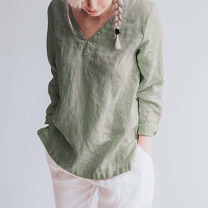 Women's Pure Linen V Neck Long Sleeve Top