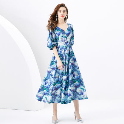 Retro Style V-neck Slim-fit Lantern Sleeve Painted Long Dress