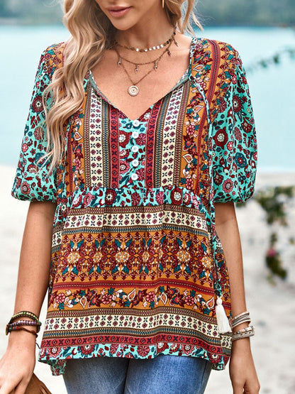 Bohemian Tie Neck Babydoll Blouse