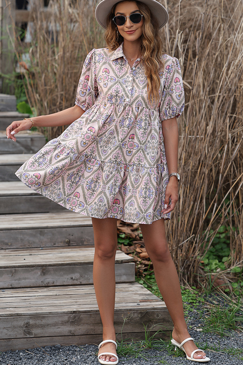 Pink Floral Button Shirt Collar Puff Sleeve Ruffle Dress