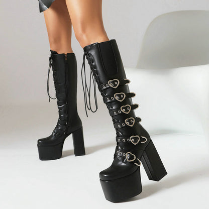 Botas altas estilo punk con tacón alto y cordones en la parte delantera para mujer