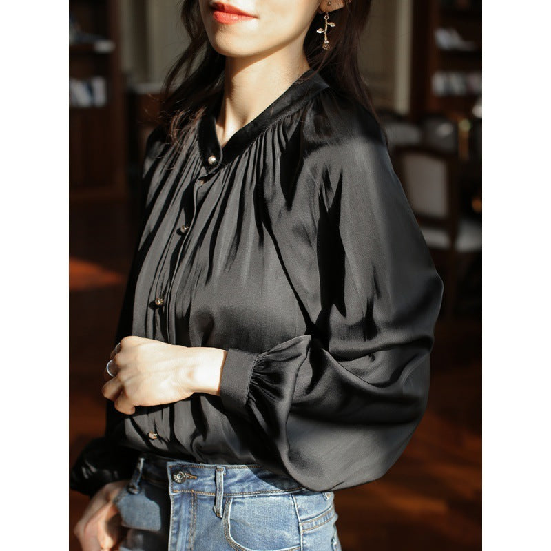 Polyester Solid Color Women's Acetate Silk Satin European Style Shirt Retro Blouse