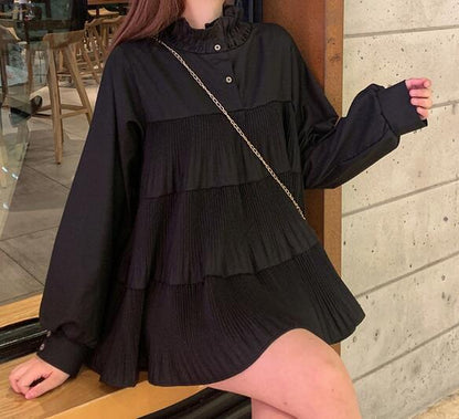 Ruffled high collar long sleeve front and back shirt