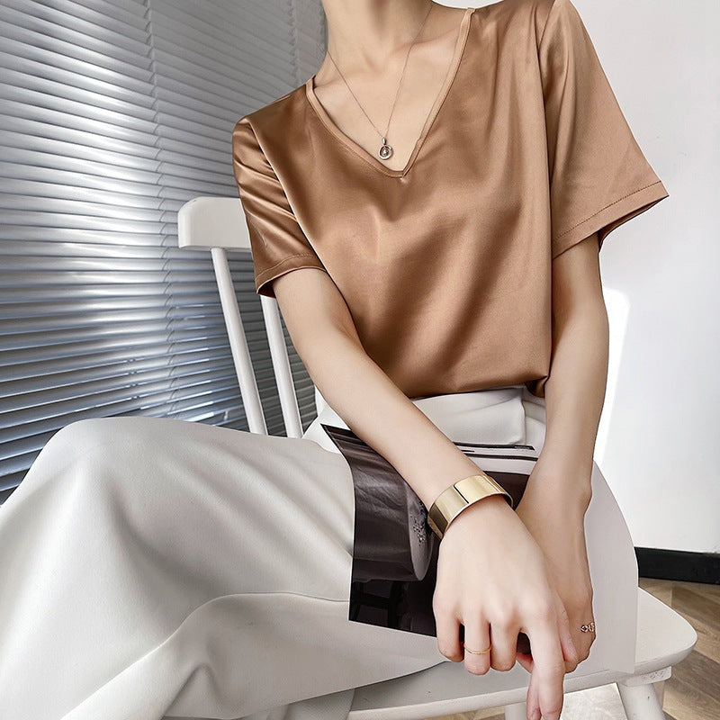 Short Sleeve Loose V-neck Satin Bottoming Solid Color Inner Wear Suit Top