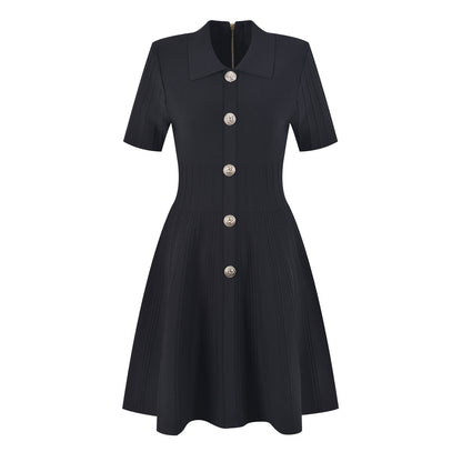 Robe tricotée en soie glacée pour femmes, col Polo, jupe trapèze à la taille