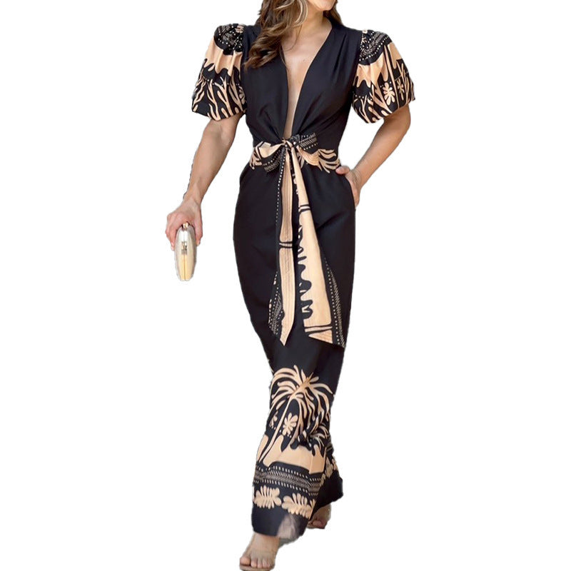 Large Women's Super Low Neck Bubble Sleeve Long Dress