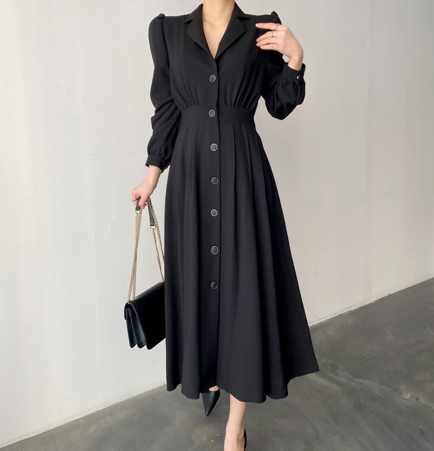 Women's Solid Color Shirt-style Long Dress