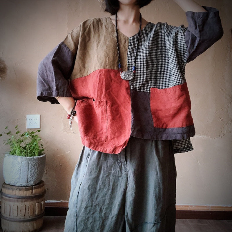 Patchwork Linen Loose Summer And Autumn Blouse