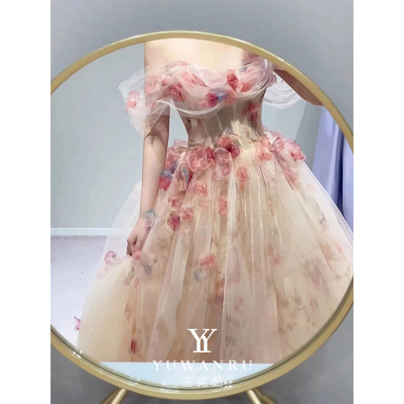 Vestido rosa con hombros descubiertos para mujer, vestido de novia nuevo y ligero