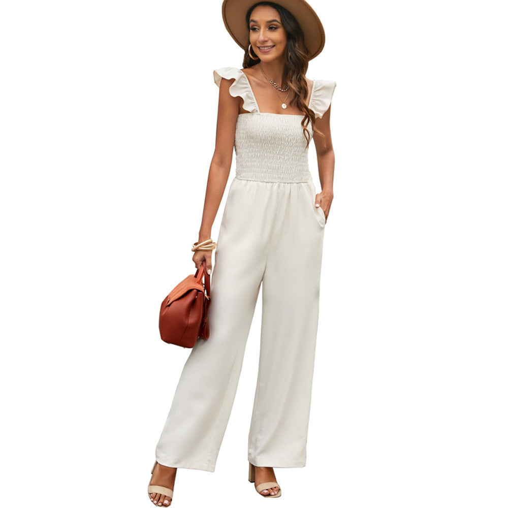 Summer Solid Pocket Casual Loose Wide Leg Jumpsuit