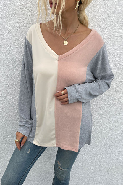 Blusa de manga larga con cuello en V y bloques de color