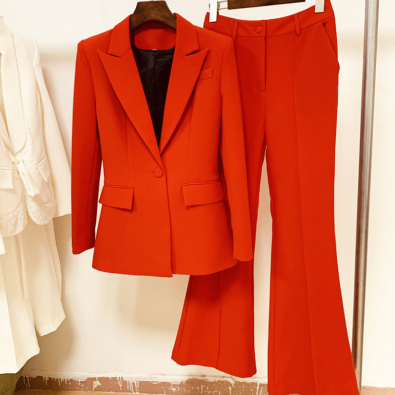 Women's Fashion One Button Cloth Cover Mid-length Suit Bell-bottom Pants Suit