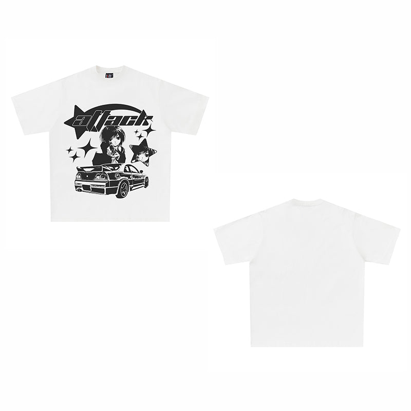 Retro White Short Sleeve T-shirt Loose Pattern Fashion Brand Harajuku Anime Half Sleeve Top