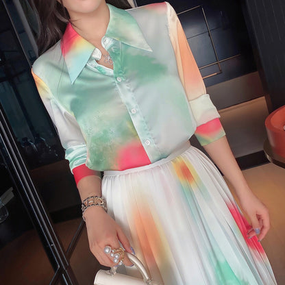 Spring New Suit Skirt Two-piece Western Style Fashionable Printed Shirt Pleated Skirt Elegant Graceful