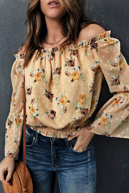 Top floral con hombros descubiertos y dobladillo con volantes