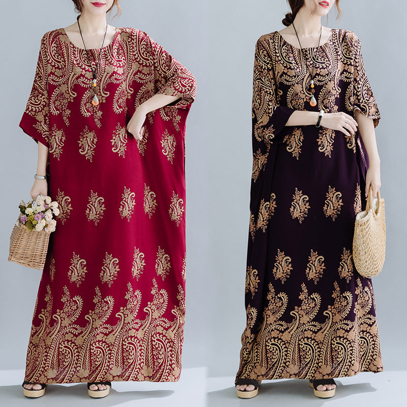 Spring Ethnic Style Plus Size Women's Cotton Silk Robe Loose Dress