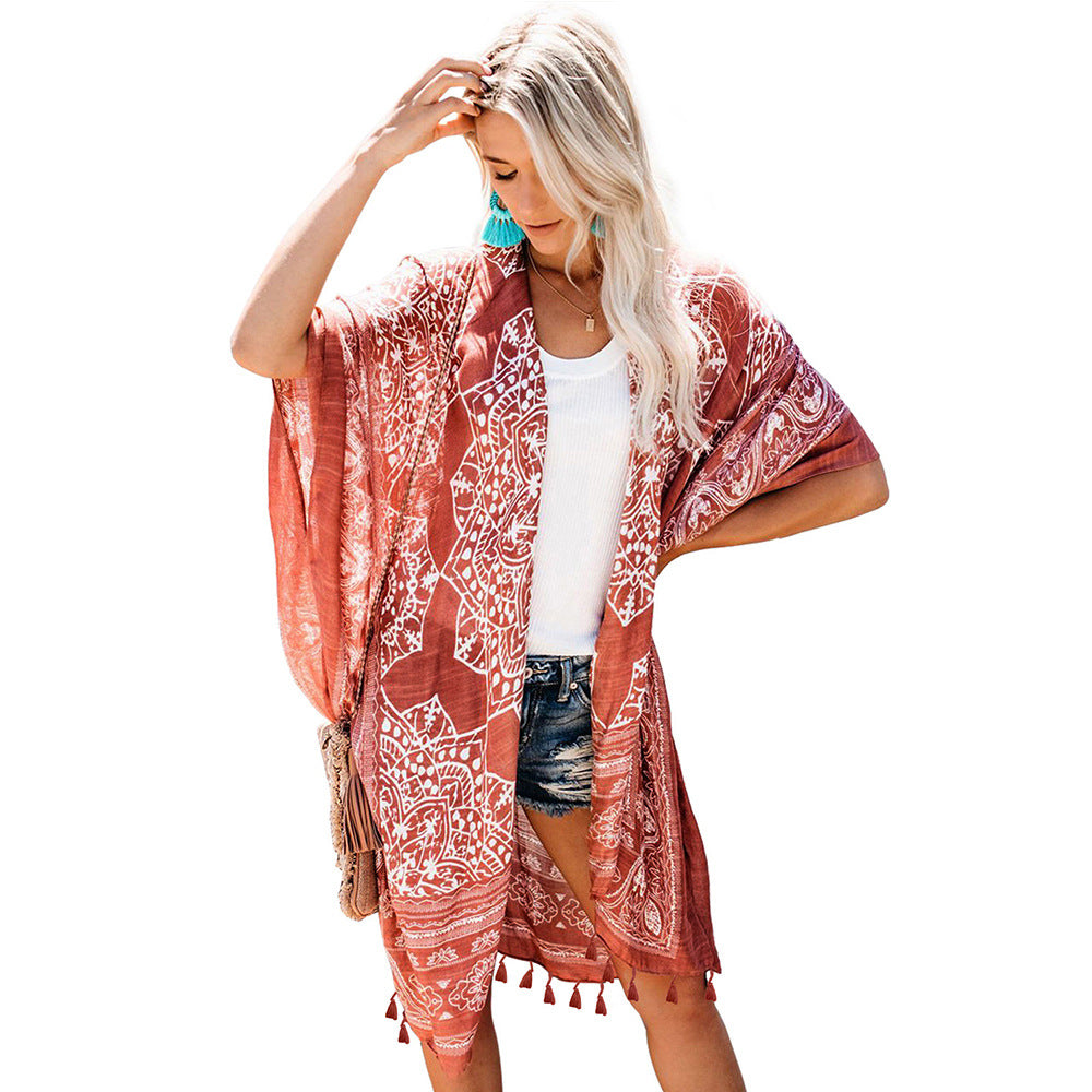 Women's shawl with tassel print cardigan